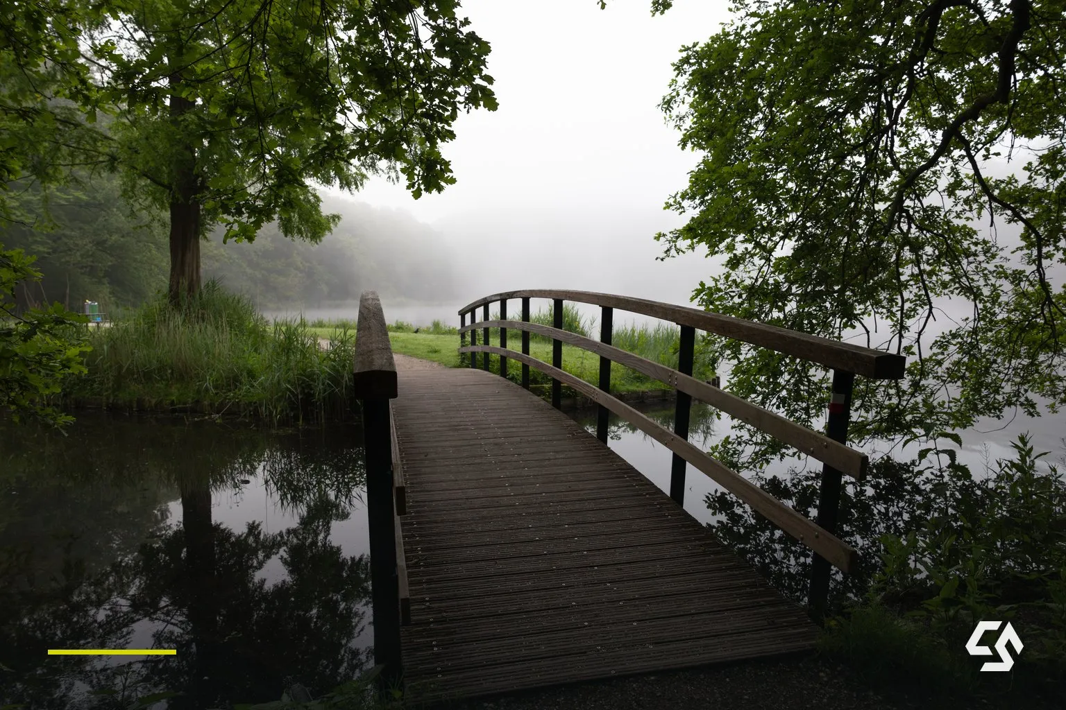 Ruhige Holzbrücke über einen stillen, nebligen See am Morgen.